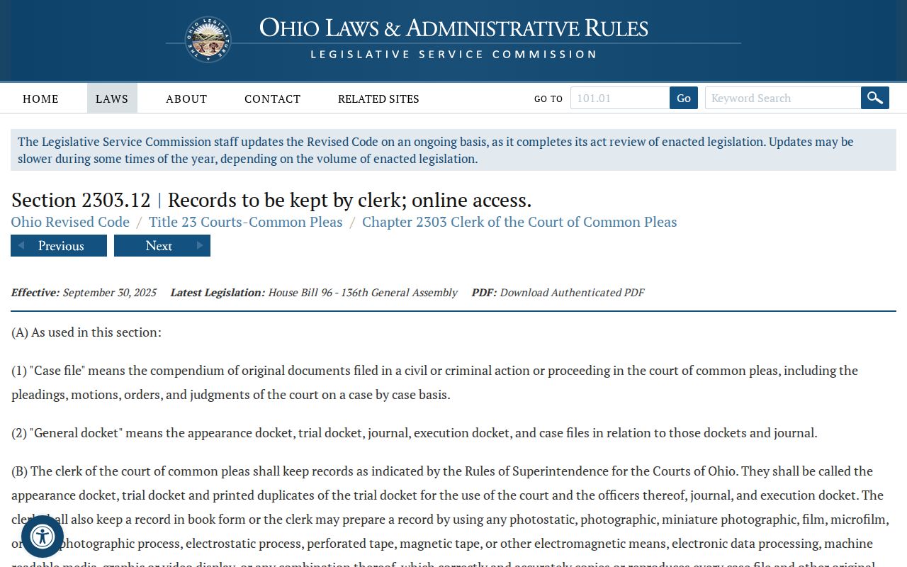 Wood County civil docket Common Pleas clerk record access statute