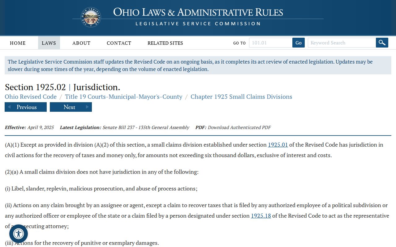 Wood County civil docket Ohio small claims jurisdiction statute