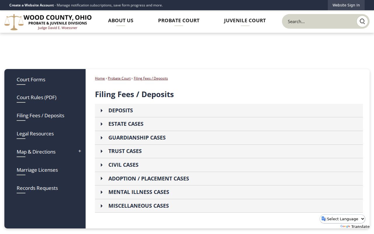 Wood County court records Probate filing fees and deposits information