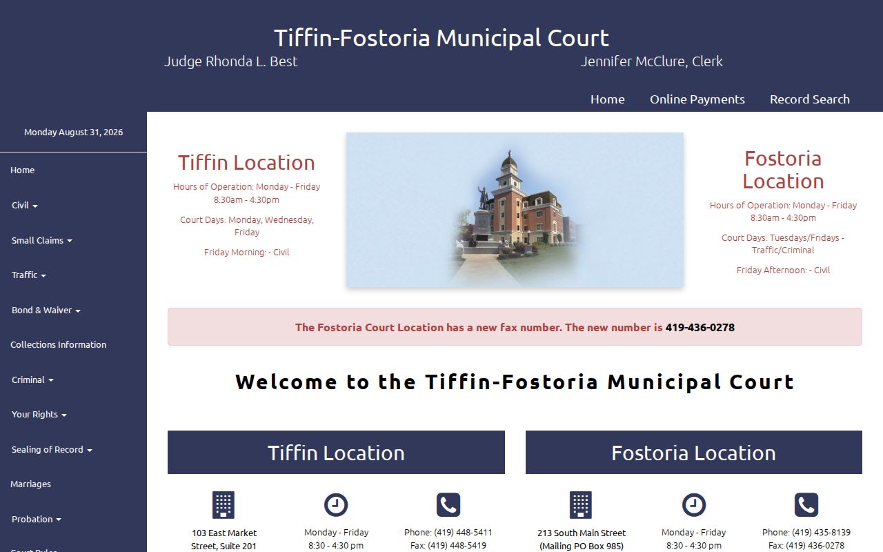 Wood County Fostoria court docket Tiffin-Fostoria Municipal Court information