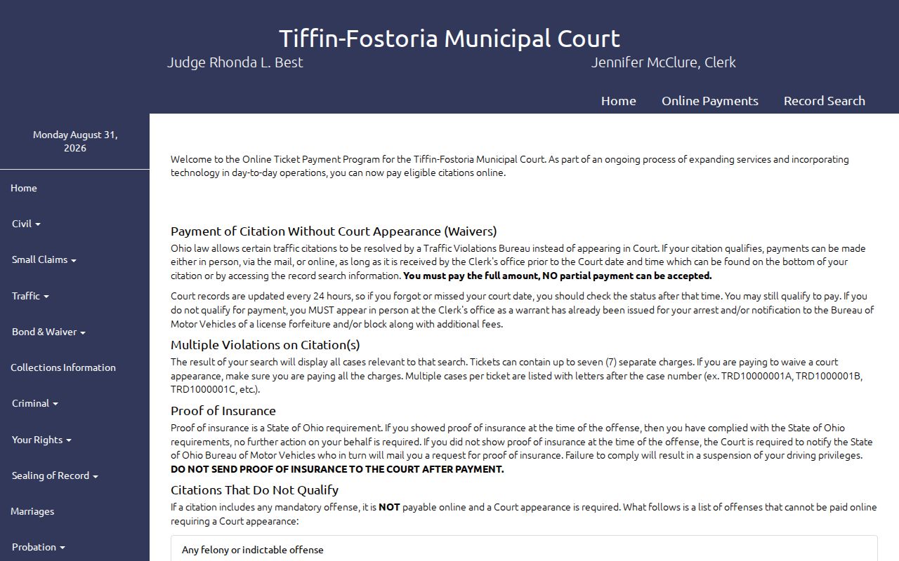 Wood County traffic court records Tiffin-Fostoria citation payment instructions