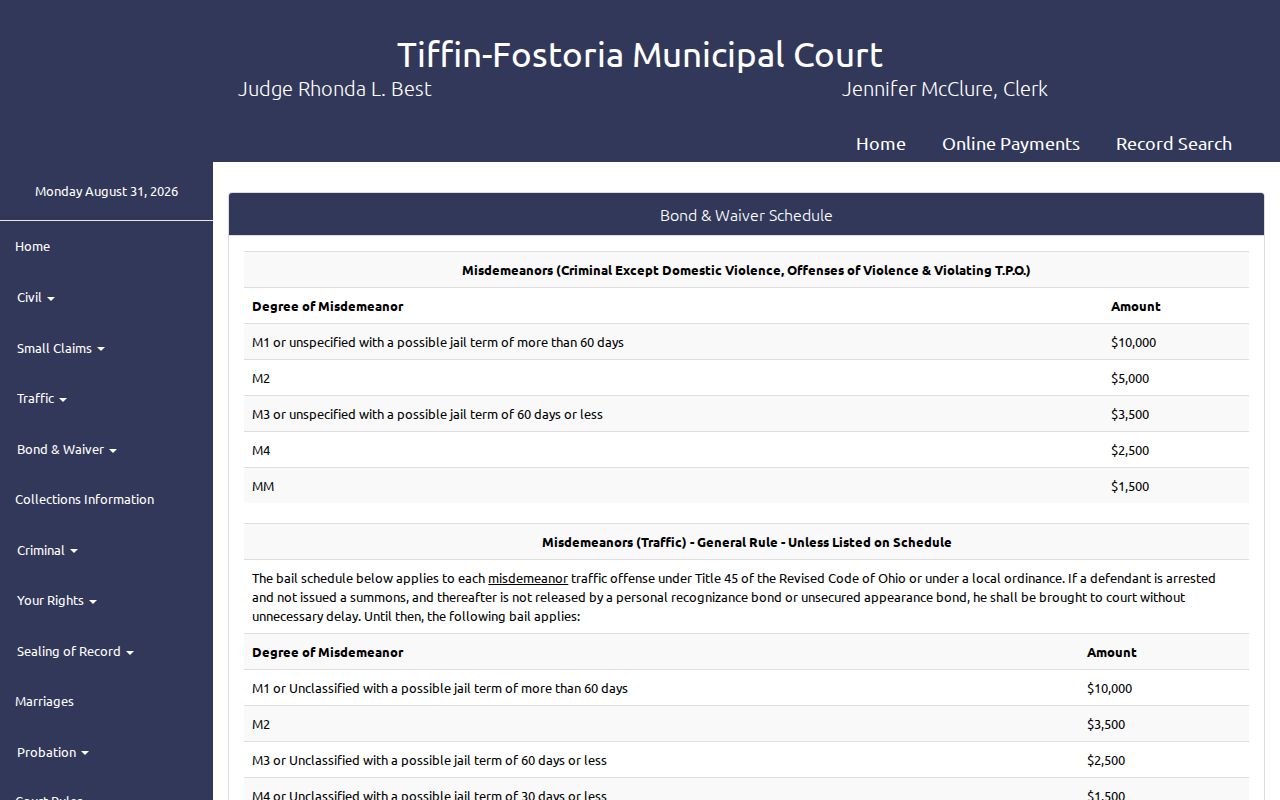 Wood County traffic court records Tiffin-Fostoria bond and waiver schedule